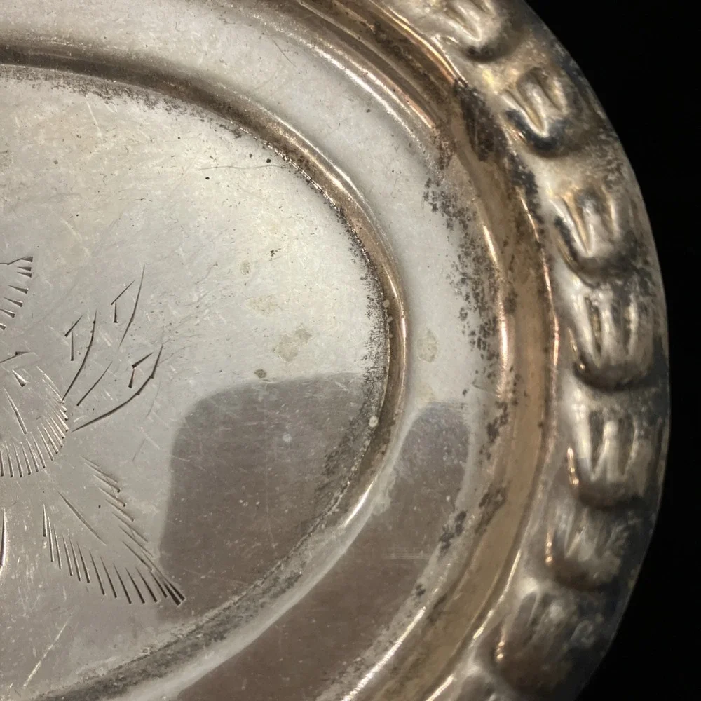 VTG Silver Plate Bread Plate Trinket Tray AMC India Floral Engraved Moradabad